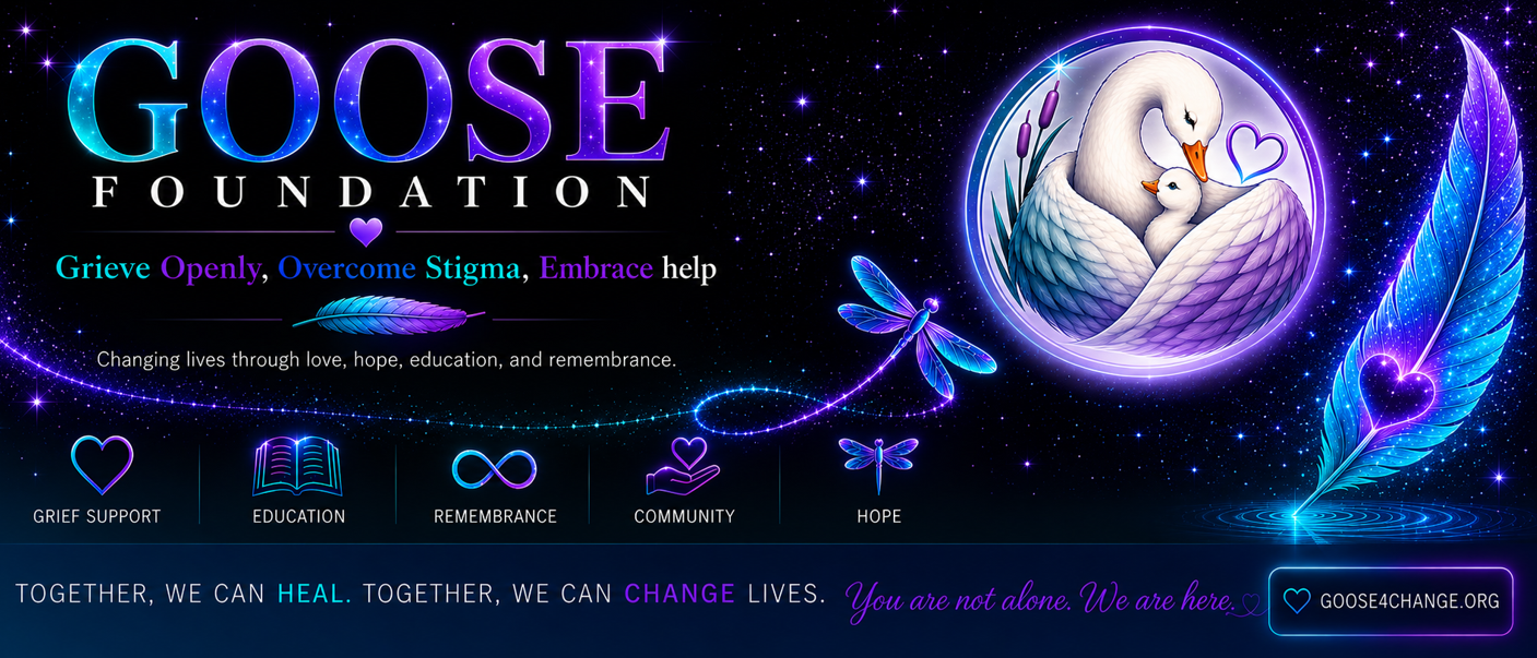 GOOSE Foundation emblem: a mother swan and cygnet within a glowing circle beside a luminous feather and dragonfly on a starfield, with the tagline Grieve Openly, Overcome Stigma, Embrace help